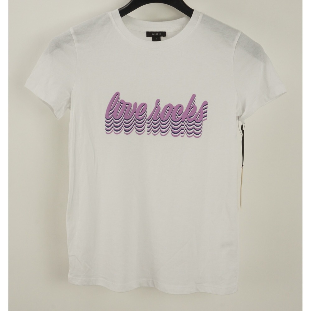 New Halogen‎ Love Rocks Women's Size XL White Purple Graphic Jersey Crew T-Shirt